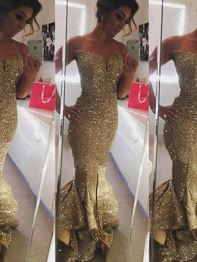 diy prom dresses,Gold Trumpet/Mermaid Sweetheart Floor-length Prom Dresses Evening Dresses 6364