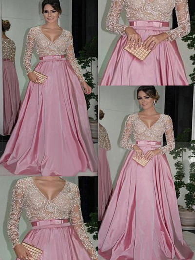 modest prom dresses,Long sleeve A-line V-neck Floor-length Taffeta Prom Dresses Evening Dresses 6014