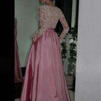 modest prom dresses,Long sleeve A-line V-neck Floor-length Taffeta Prom Dresses Evening Dresses 6014 - Thumbnail 2