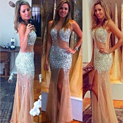 Long prom dress, champagne prom dress, sexy prom dress, sparkly prom dress, split prom dress, on sale prom dress, pd15297