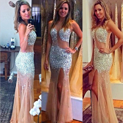 long prom dress, champagne prom dress, sexy prom dress, sparkly prom dress, split prom dress, on sale prom dress, PD15297