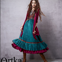 ARTKA VINTAGE BOHEMIAN STYLE TURQUOISE LOTUS LEAF DRESS LA14357C - Thumbnail 2