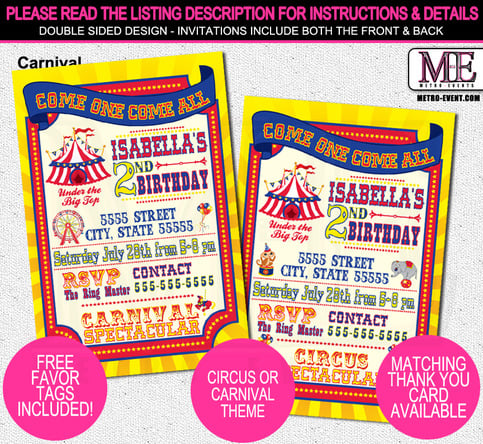 Birthday Invitations, Carnival and Circus