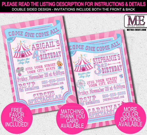 Pink and Blue Carnival and Circus Invitations
