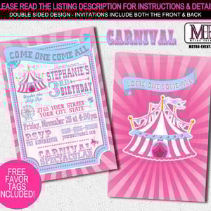 Pink and Blue Carnival and Circus Invitations - Thumbnail 2