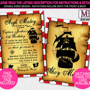 Vintage pirate birthday invitation - digital file or printed invitations - Thumbnail 2