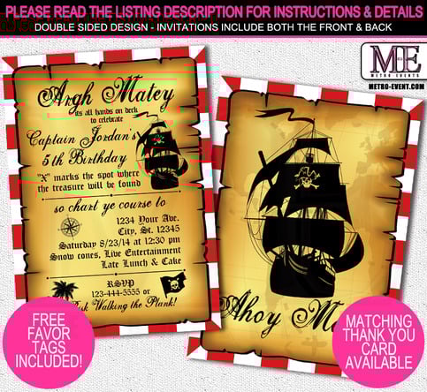 Vintage Pirate Birthday Invitation - Digital File or Printed Invitations