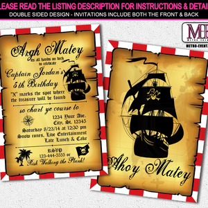 Vintage Pirate Birthday Invitation - Digital File or Printed Invitations - Thumbnail 2