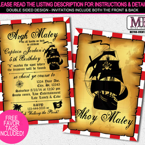 Vintage Pirate Birthday Invitation - Digital File or Printed Invitations