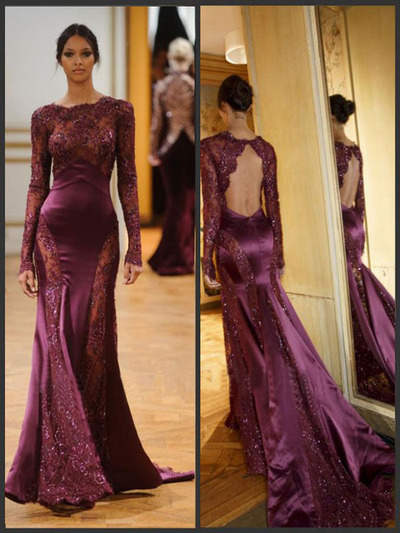 unique prom dresses,Long sleeve Trumpet/Mermaid Bateau Rhinestone Prom Dresses Evening Dresses 1296