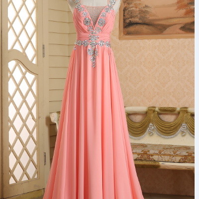 A-line prom dresses,pink a-line straps rhinestone prom dress 2016 prom dresses evening dresses 012