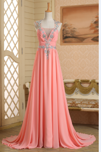 a-line prom dresses,Pink A-line Straps Rhinestone Prom Dress 2016 Prom Dresses Evening Dresses 012