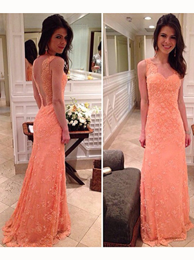prom dresses long,Orange Trumpet Mermaid Scoop Lace Prom Dress Prom Dresses Evening Dresses 078