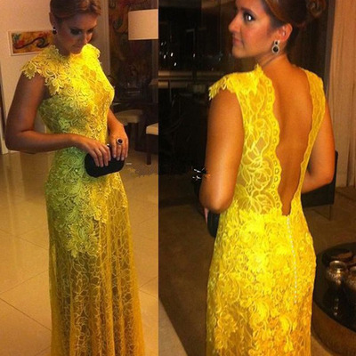 Country prom dresses,yellow sheath/column high neck appliques prom dresses evening dresses 053