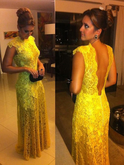 country prom dresses,Yellow Sheath/Column High Neck Appliques Prom Dresses Evening Dresses 053
