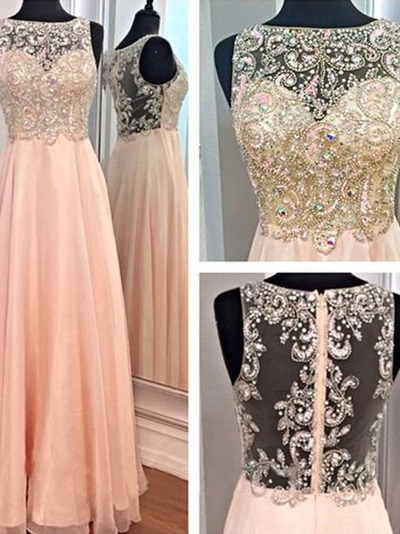 chiffon prom dresses,Pink A-line Bateau Chiffon Prom Dresses Evening Dresses 6164