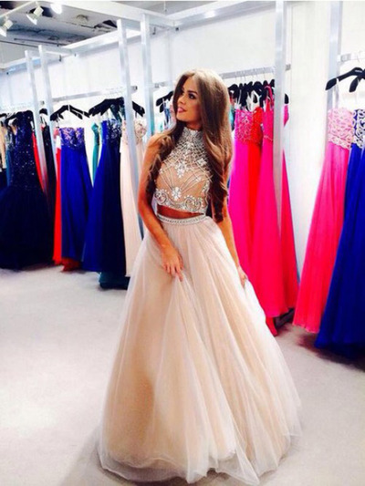 prom dresses two pieces,A-line High Neck Floor-length Tulle Prom Dresses Evening Dresses 6112