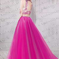 prom dresses two pieces,A-line High Neck Floor-length Tulle Prom Dresses Evening Dresses 6112 - Thumbnail 1