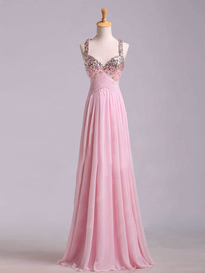 elegant prom dresses,Pink A-line Straps Sleeveless Chiffon With Rhinestone Prom Dresses Evening Dresses 1420