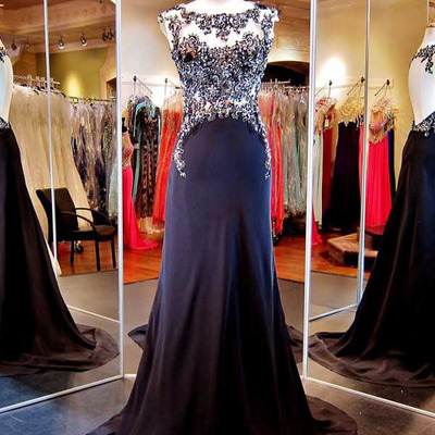 Prom dresses navy,dark navy a-line scoop chiffon rhinestone long prom dresses evening dresses 1277