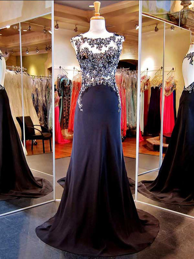 prom dresses navy,Dark Navy A-line Scoop Chiffon Rhinestone Long Prom Dresses Evening Dresses 1277