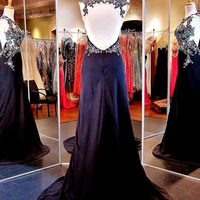 prom dresses navy,Dark Navy A-line Scoop Chiffon Rhinestone Long Prom Dresses Evening Dresses 1277 - Thumbnail 1