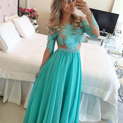 Chiffon prom dresses,long sleeve a-line scoop chiffon with appliques prom dresses evening dresses 1297