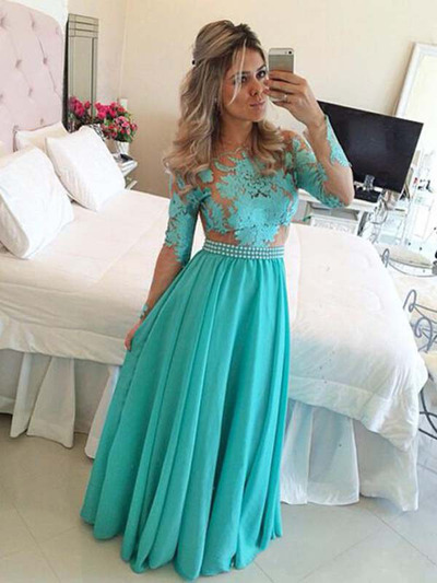 chiffon prom dresses,Long Sleeve A-line Scoop Chiffon With Appliques Prom Dresses Evening Dresses 1297