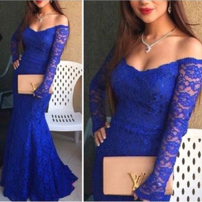 Long prom dress, royal blue prom dress, elegant prom dress, lace prom dress, long sleeve dress, inexpensive evening dress, pd15348