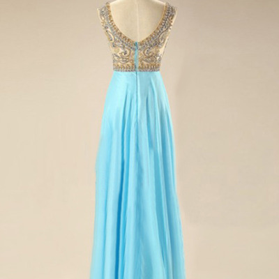 Long prom dresses,champagne a-line scoop sleeveless chiffon with beaded prom dresses evening dresses 112
