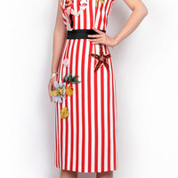 SUMMER HIGH FASHION RED STRIPED FLOWER DIAMOND EMBROIDERED DRESS 531L3 - Thumbnail 4