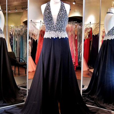Navy prom dresses,dark navy a-line halter chiffon  prom dresses evening dresses 8676