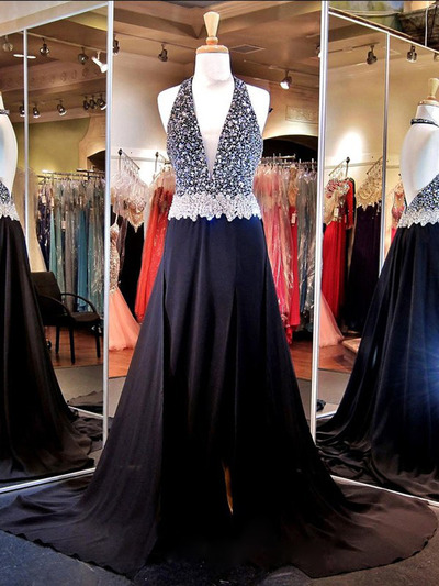 navy prom dresses,Dark Navy A-line Halter Chiffon  Prom Dresses Evening Dresses 8676