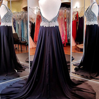 navy prom dresses,Dark Navy A-line Halter Chiffon  Prom Dresses Evening Dresses 8676 - Thumbnail 1