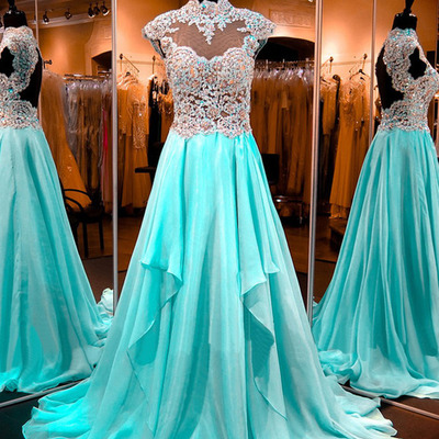 Mint prom dresses,mint a-line high neck chiffon prom dresses evening dresses 8675