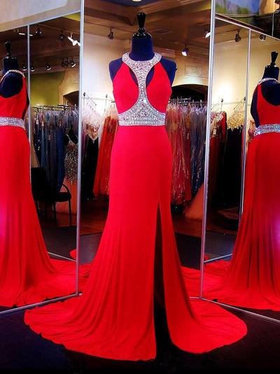 red prom dresses,Red A-line Scoop Chiffon Prom Dresses Evening Dresses 8669