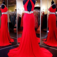 red prom dresses,Red A-line Scoop Chiffon Prom Dresses Evening Dresses 8669 - Thumbnail 1