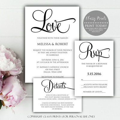 Printable wedding invitation - calligraphy wedding invitation - black &white wedding invitation - diy wedding invitation