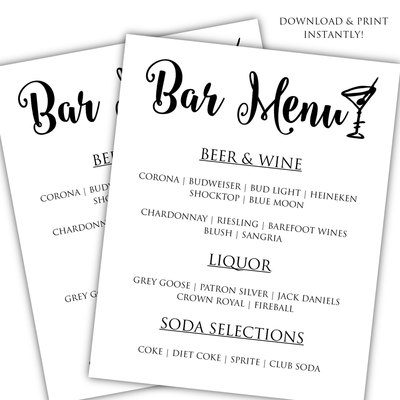 Diy bar menu template - printable bar menu template - wedding menu template