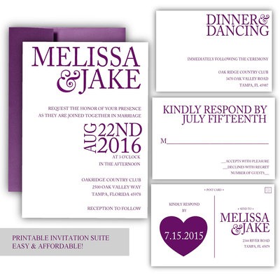 Printable wedding invitation - purple wedding invitation - eggplant wedding invitation