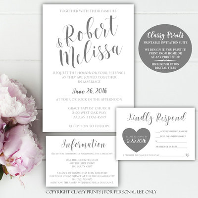 Printable wedding invitation - calligraphy wedding invitation - silver wedding invitation - grey wedding invitation