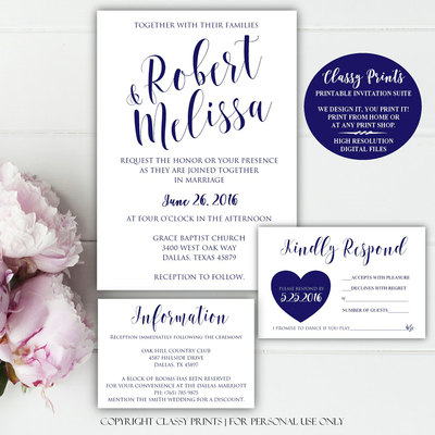 Printable wedding invitation - calligraphy wedding invitation - navy blue wedding invitation - blue wedding invitation