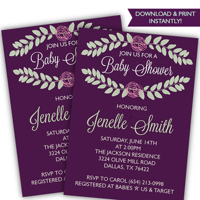 Baby girl baby shower invitation - rustic baby shower invitation - purple baby shower invitation - floral baby shower