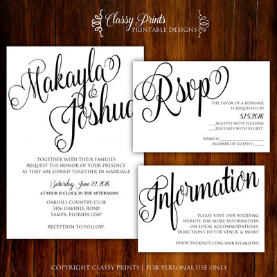 Printable wedding invitation - calligraphy wedding invitation - black &white wedding invitation - black and white wedding invitation