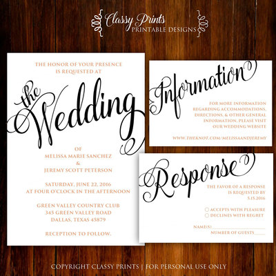 Printable Wedding Invitation - Calligraphy Wedding Invitation - Black &White Wedding Invitation - Blush Wedding Invitation