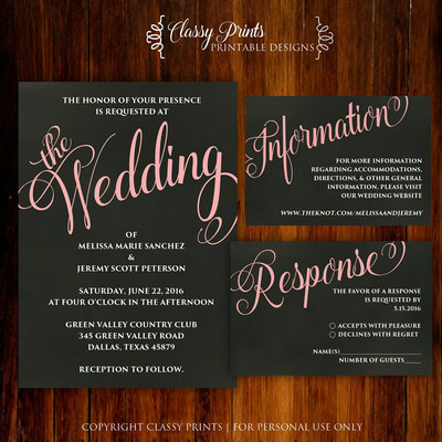 Printable wedding invitation - calligraphy wedding invitation - chalkboard wedding invitation - blush wedding invitation