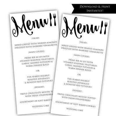 Diy menu template - printable menu template - wedding menu template