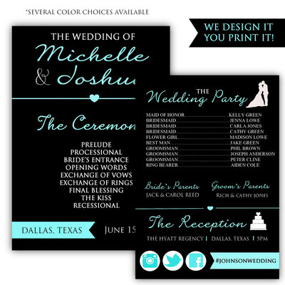 Printable wedding program - diy wedding program - wedding program template - teal wedding program
