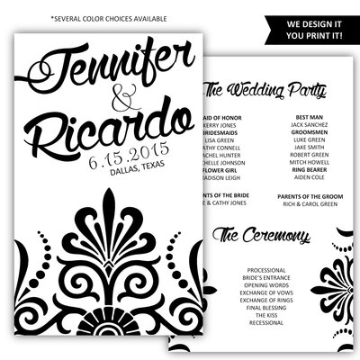 Printable wedding program - diy wedding program - wedding program template - damask wedding program