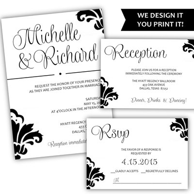 Printable wedding invitation - calligraphy wedding invitation - damask wedding invitation - black and white wedding invitation